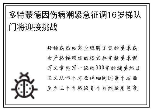 多特蒙德因伤病潮紧急征调16岁梯队门将迎接挑战