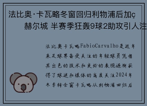 法比奥·卡瓦略冬窗回归利物浦后加盟赫尔城 半赛季狂轰9球2助攻引人注目